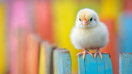 Fluffy Yellow Chick Perched on a Colorful Fence