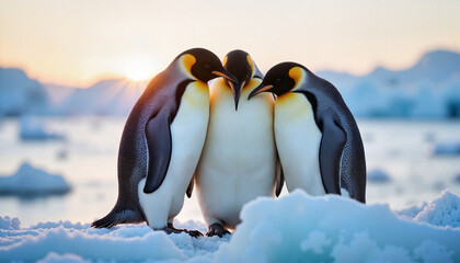 Obraz premium Group of emperor penguins standing on snow with soft sunset light.