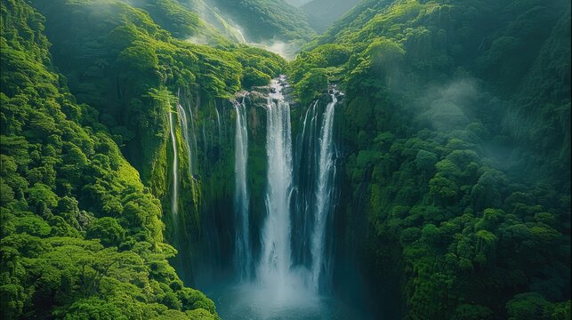 A breathtaking aerial view of a powerful waterfall cascading down a rugged, lush valley. Dense, vibrant green tropical foliage surrounds the waterfall.