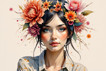 Beautiful woman wearing autumn flower crown posing for portrait