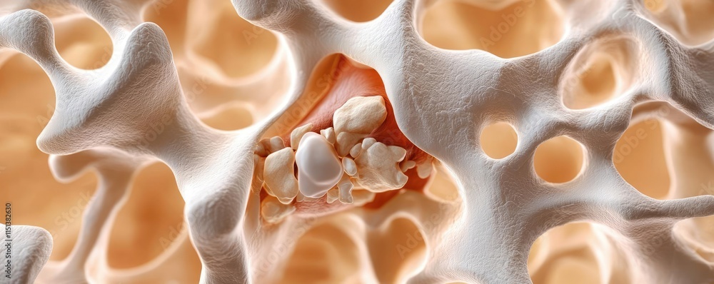 Poster Arthritis disease idea. Close-up view of bone structure highlighting pores and marrow in intricate detail.