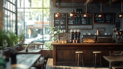 A rustic coffee shop interior with weathered wooden beams overhead, hanging copper light fixtures casting a warm glow, distressed wooden furniture arranged neatly,