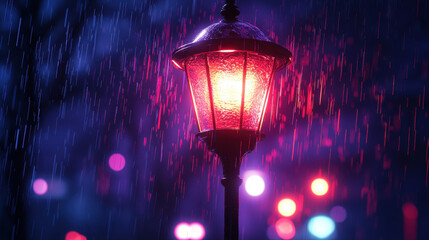glowing streetlight illuminates rainy urban scene with vibrant colors