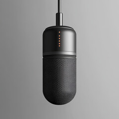 sleek, modern podcast microphone hanging against gray background, perfect for audio recording. Its design features mesh grille and LED indicators, enhancing its professional look
