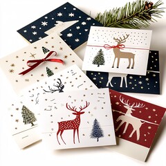 New year festive celebrate concept. Colorful holiday greeting cards featuring festive designs with reindeer, trees, and snowflakes, adorned with ribbons and surrounded by greenery.