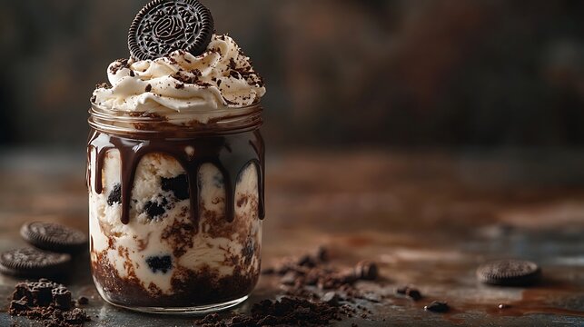 A rich and indulgent dessert photograph of cookies and cream ice cream in a mason jar, layers of crushed Oreos and chocolate sauce creating a parfait effect,