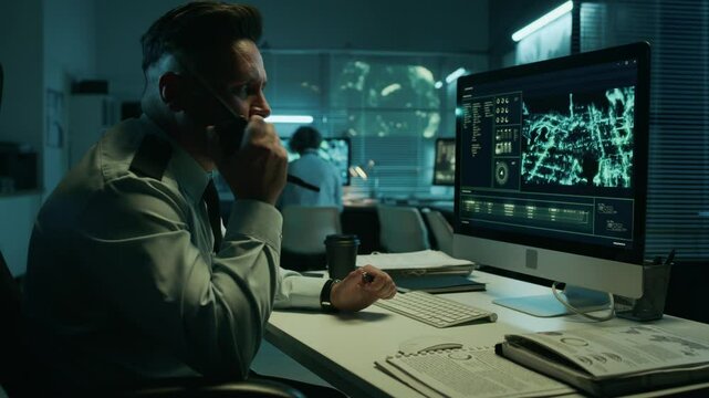 Medium side shot of Caucasian male intelligence officer in uniform sitting in front of computer, monitoring satellite surveillance for suspect movements and reporting on portable radio