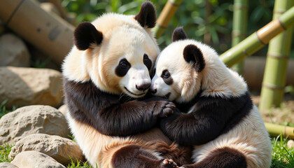 Obraz premium Adorable giant pandas cuddling in a lush bamboo forest