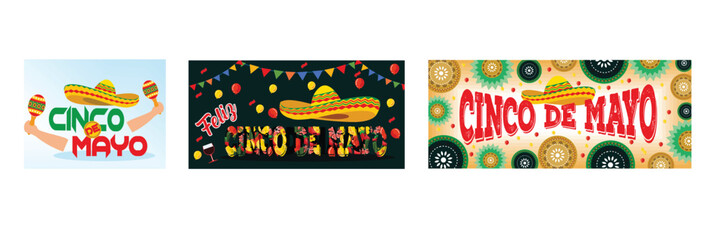 Obraz premium Colorful Cinco de Mayo Celebration. Balloons, Sombreros and Festive Decorations. Fiesta banner and poster design with Traditional Hat. Set flat vector modern illustration