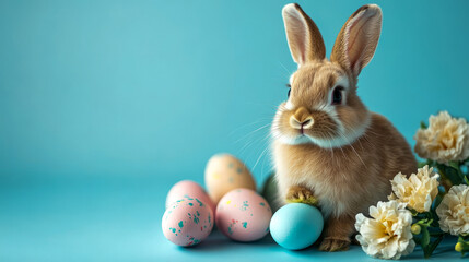 Adorable bunny with colorful easter eggs and flowers on blue background