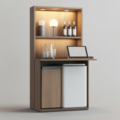 Modern hostess stand with integrated mini fridge, stylish lighting, and elegant decor. Perfect for hospitality settings, combining functionality and aesthetics