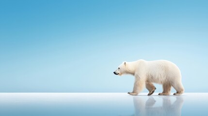 Polar Bear Walking on Ice with Blue Sky Background