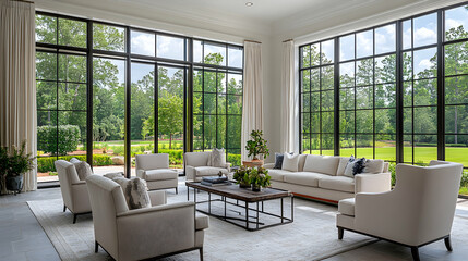Luxurious sunroom interior design, overlooking a golf course, showcasing modern furniture, for home decor magazines.