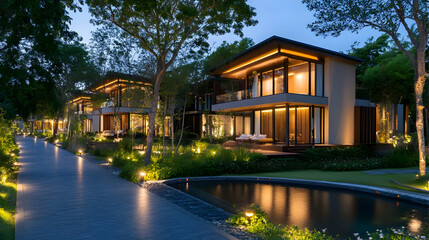 Obraz premium Luxurious Villas Night, Tropical Resort Pathway, Illuminated Landscape, Real Estate Marketing.