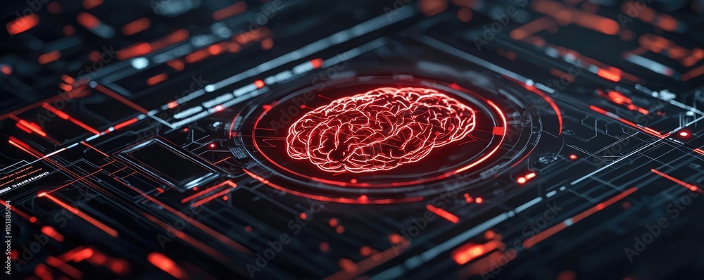 Poster Epilepsy disease concept. Digital brain display with circuits, representing advanced technology and artificial intelligence.