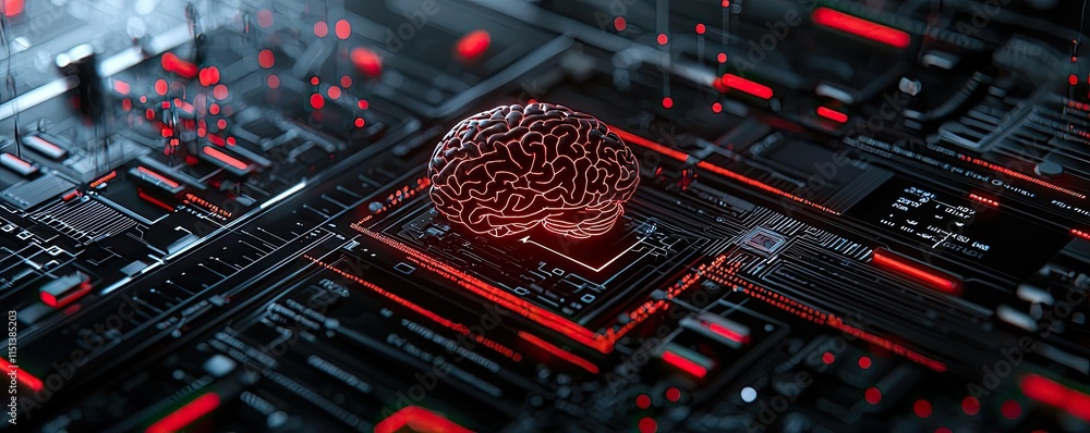 Poster Epilepsy disease concept. Futuristic representation of a brain on a digital circuit board with red accents.
