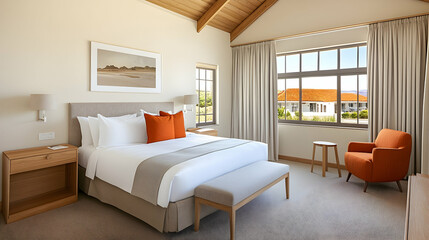 Luxury Hotel Room Coastal View, Bedroom Interior Design, Relaxing Getaway, Resort Accommodation, Tranquil Scene.