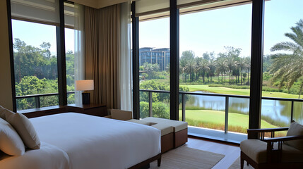 Luxury Hotel Suite Bedroom overlooking Golf Course and Lagoon.