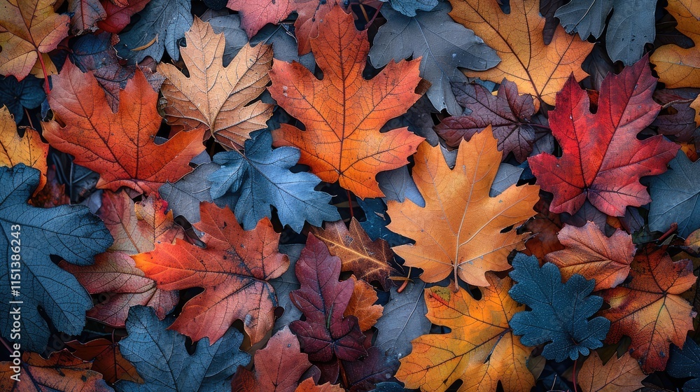 Poster oak leaves in vibrant autumn colors scattered on a forest floor with a soft focus background.