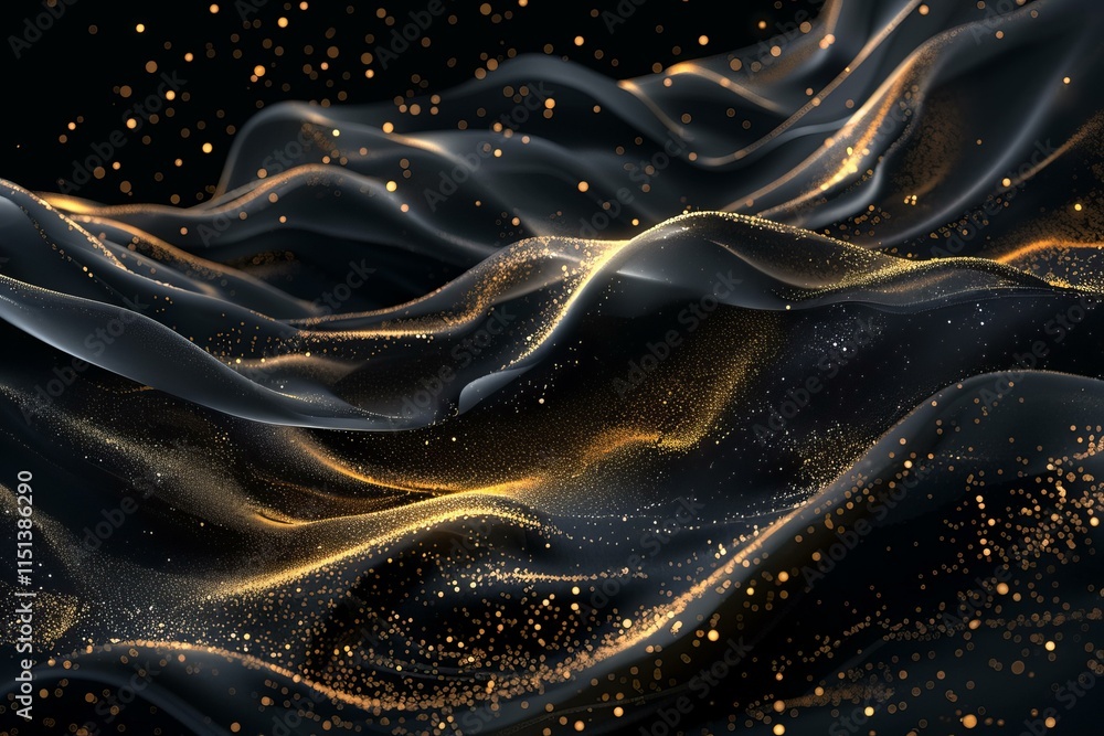 Poster golden particles flowing over dark wavy abstract background, creating a luxurious and elegant visual