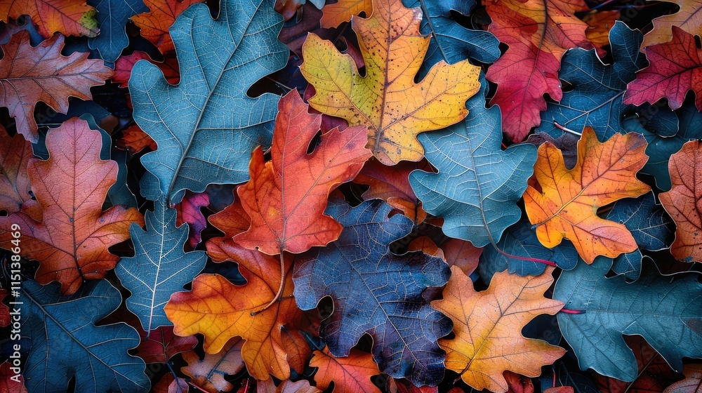 Poster oak leaves in vibrant autumn colors scattered on a forest floor with a soft focus background.