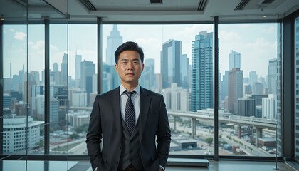 Fototapeta premium Confident businessman in a suit standing against a city skyline view in a modern office, representing success and professionalism