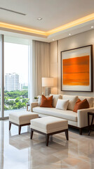 Fototapeta premium Modern apartment living room, city view, luxury sofa, orange art, interior design.