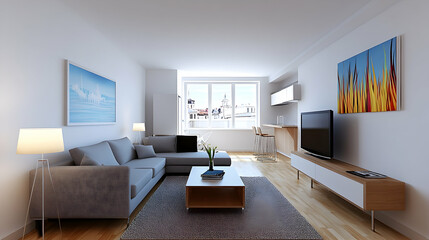 Modern apartment living room design, city view, relaxing interior, home decor, real estate.