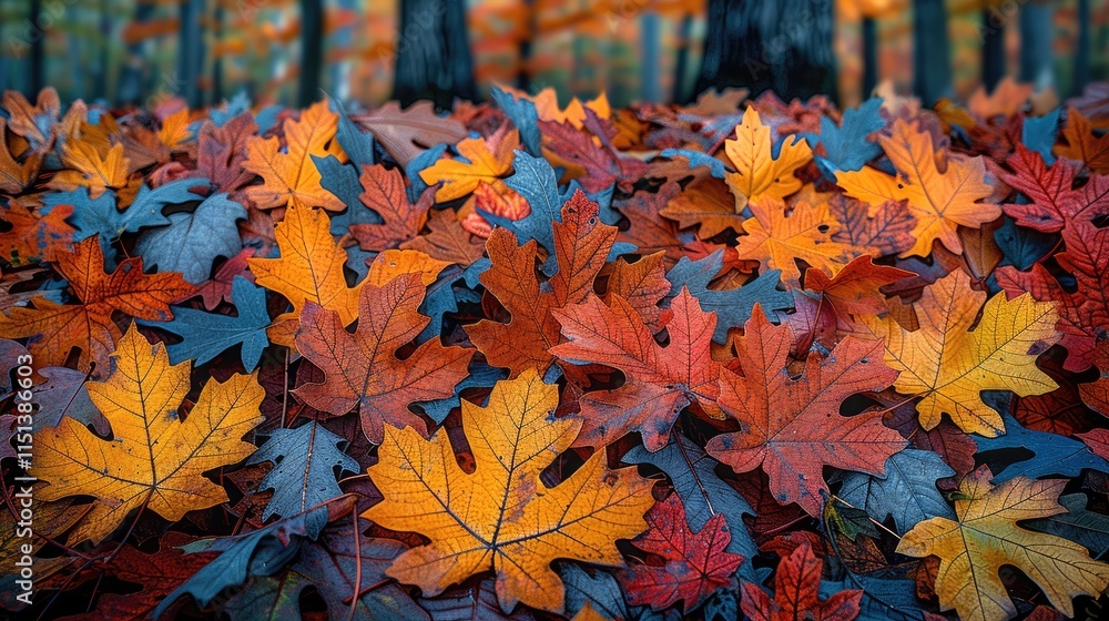 Poster oak leaves in vibrant autumn colors scattered on a forest floor with a soft focus background.