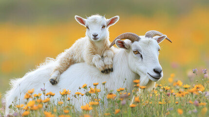 Fototapeta premium playful goatling climbing on its mother back in vibrant flower field, showcasing heartwarming bond in nature. scene is filled with colorful blooms and serene atmosphere