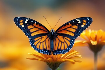 Fototapeta premium Orange butterfly rests on a yellow flower during a sunny day in a garden full of blooms