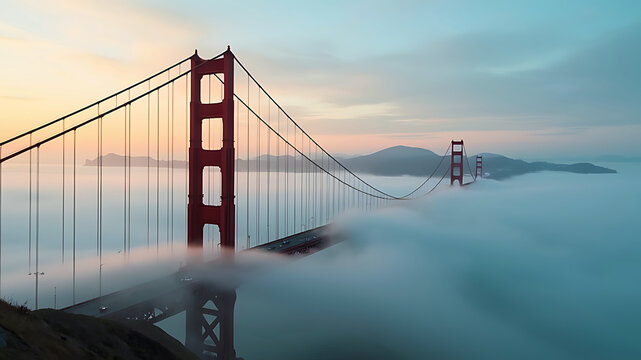 Golden Gate Bridge shrouded in morning mist