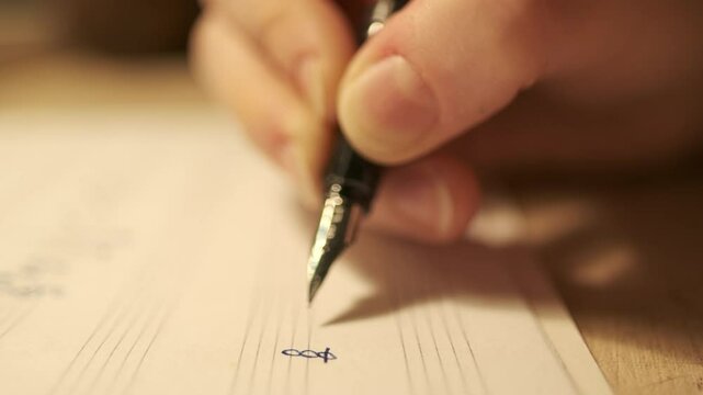 close up, hand with fountain pen writing music notes, homeschooling, homework, music education, hobby 
