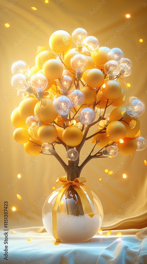 Poster The cute yellow tree packaging 3D rendering has a transparent shell filled with small light bulbs and wrapped in gold ribbon. Each light bulb has a different color. The background is light yellow.