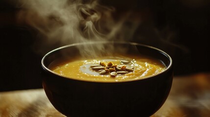 Steaming bowl of pumpkin soup with seeds