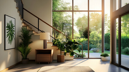 Fototapeta premium Modern home sunlit entryway with stairs, plants, and garden view; interior design, real estate.