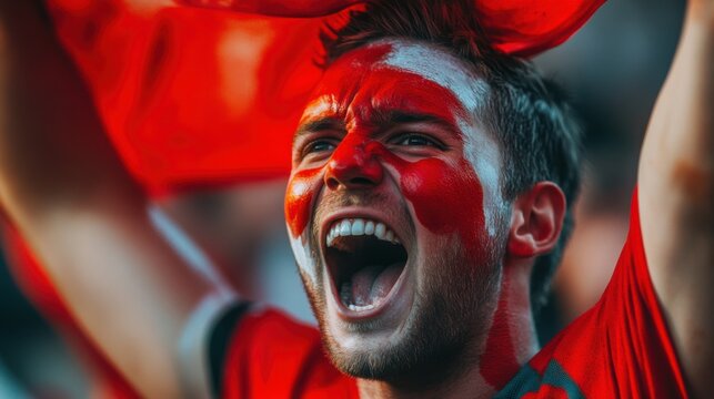 Euphoric Fanatic Celebrates Victory at Stadium: A Close-up Portrait of Intense Joy and Passion During a Thrilling Sporting Event