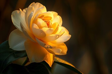 Close up of a golden camellia flower, illuminated by warm sunlight, creating a beautiful display of nature's artistry