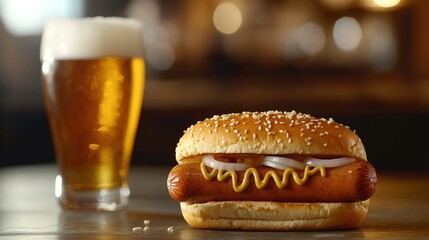 artisanal hot dog glamour shot, perfectly grilled sausage, golden brioche roll with sesame seeds, diced white onion garnish, spiral mustard topping, frosty glass of craft beer, soft focus background,