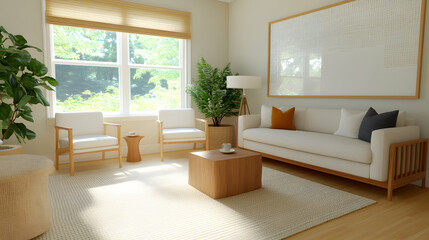 Fototapeta premium Modern living room interior design, sunlight streaming through window, plants, calm atmosphere, home decor inspiration.