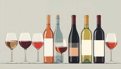 Stylized wine bottles and glasses on a light background with blank labels for branding
