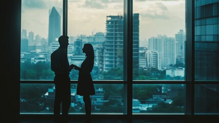 Fototapeta premium Professional business team engaged in a collaborative discussion in a modern office space with large glass windows and a bright urban skyline in the background, capturing a dynamic corporate environme