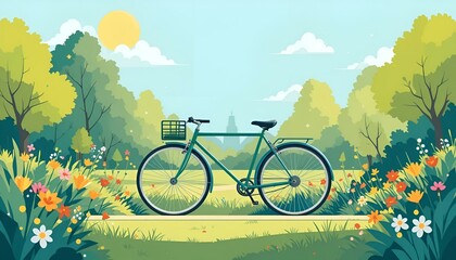 Charming bicycle parked in a vibrant sunny park surrounded by blooming flowers and lush greenery