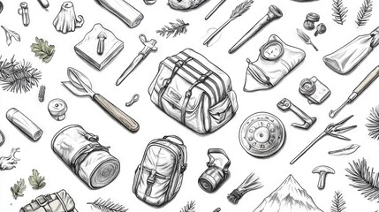camping lifestyle pattern, illustrated outdoor gear collection, scattered equipment design, wilderness survival tools, traditional pen drawing technique, detailed camping elements, natural world