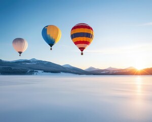 Fototapeta premium Colorful Hot Air Balloons Over Tranquil Winter Landscape