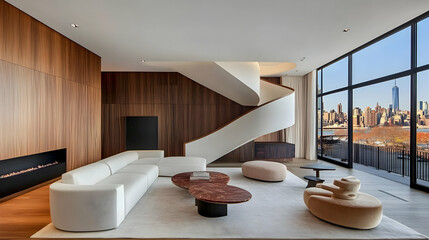 Modern penthouse living room NYC skyline view, spiral staircase, luxury interior design.