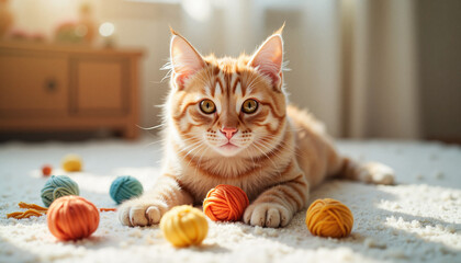 Tabby cat with yarn balls in warm cozy interior setting.