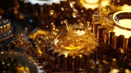 Realistic shot of an animated close-up of golden oil pouring over the gears and cogs in an engine, creating vibrant splash effects against a dark background.