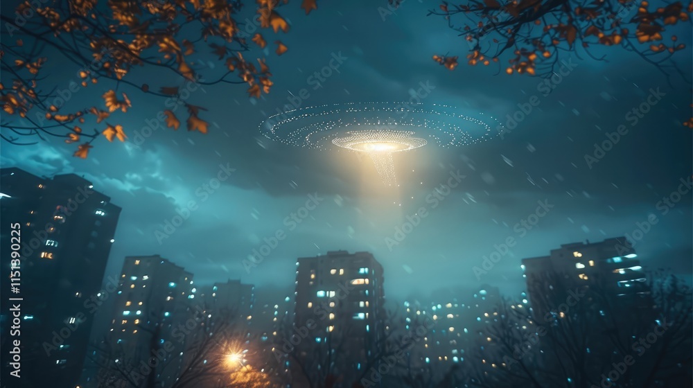 Poster strange luminous objects appear in the sky at night in the city.