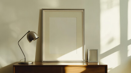 modern interior scene featuring sleek lamp, empty picture frames, and warm wooden furniture. soft shadows create serene atmosphere, perfect for minimalistic design lovers